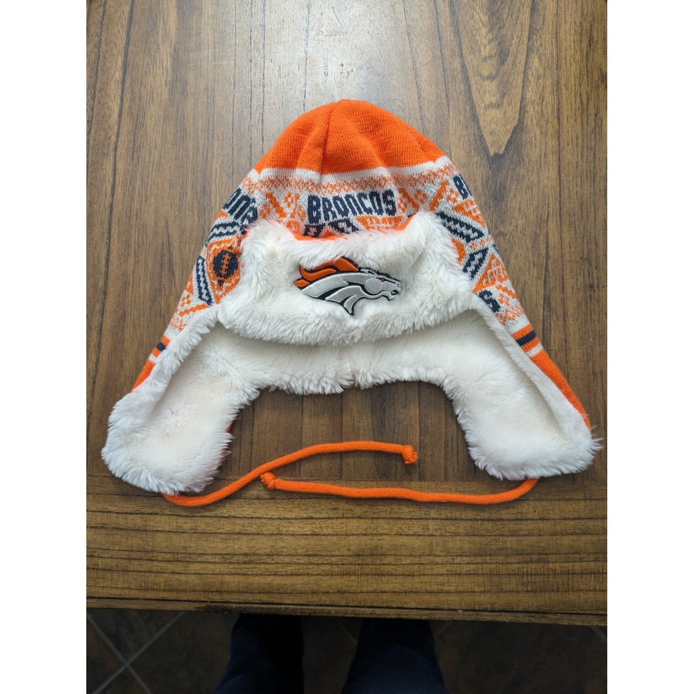 New Era Denver Broncos NFL Trapper Hat Faux Fur Ear Flap Beanie Orange White